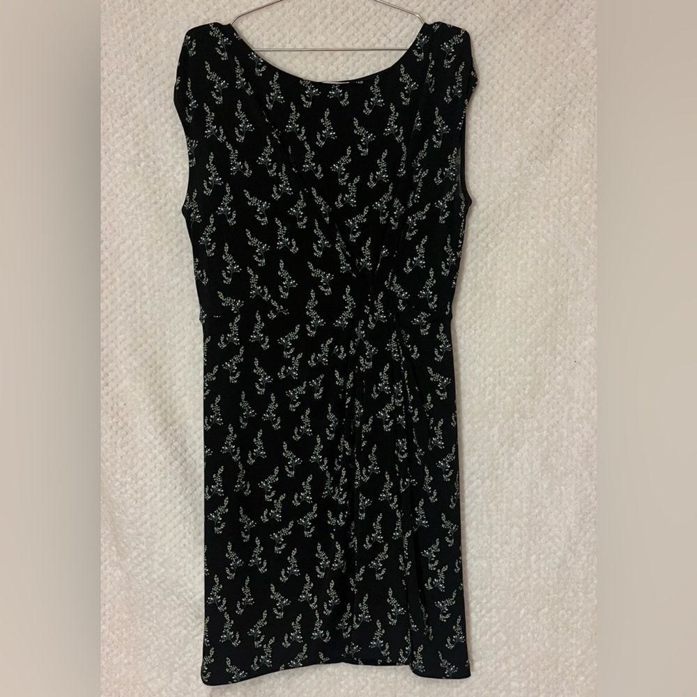 LOFT Black Floral V-Neck Mini Dress Short Sleeves Ruched Waist Womens Large